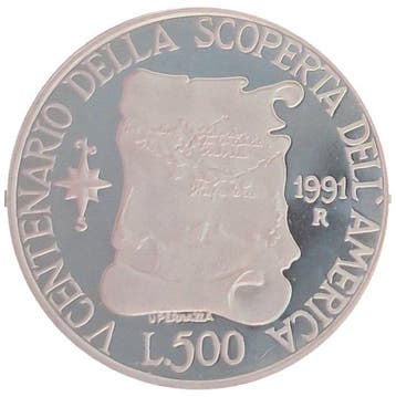 Italië, Republiek 500 Lire 1991 Cristoforo Colombo Proof