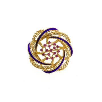 Vintage gouden broche als bloem met blauwe emaille en robijn, Gebruikt, Ophalen of Verzenden, Met edelsteen, Goud