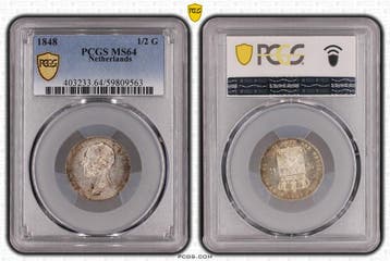 Koning Willlem II halve gulden 1848 MS64 PCGS (Pop 2/3), Verzenden, Koning Willem II, Losse munt, Zilver
