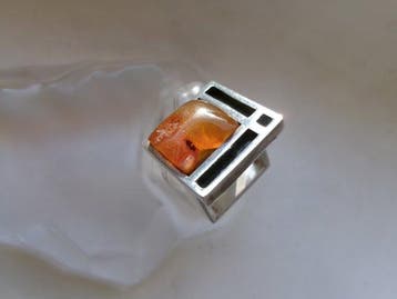 Zilver, Amber - Ring - Art Deco Bauhaus-stijl