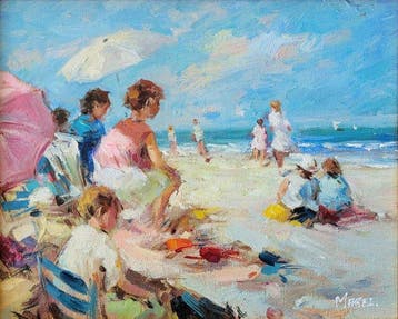 Léon Marel (1967) - Élégantes sur la plage d’Antibes