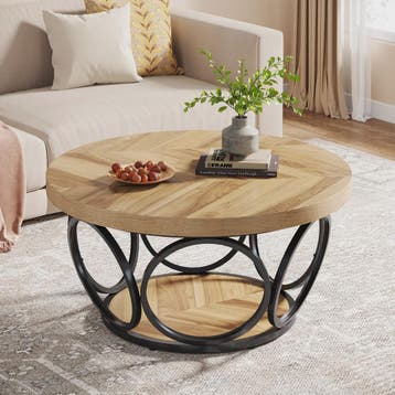 Ronde Houten Salontafel 80cm met 2-Laags Opbergruimte - Land, Verzenden, Nieuw