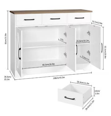 Dressoir 3 Lades 3 Deuren Keukenkast met Werkblad 108×38.5×8, Verzenden, Nieuw