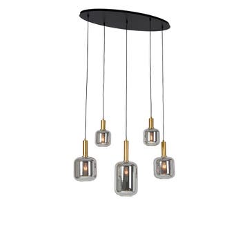 Hanglamp zwart met goud en smoke glas ovaal 5-lichts -, Verzenden, Nieuw, Glas, Art Deco