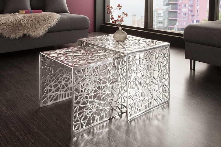 Handgemaakte salontafel ABSTRACT 49cm set van 2 zilver in, Huis en Inrichting, Tafels | Salontafels, Ophalen of Verzenden