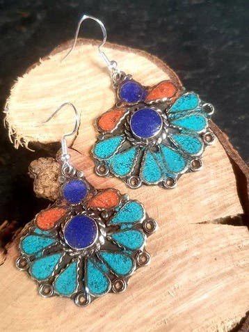 Zilver, 925 Tibetaanse zilver, natuurlijk koraal, lapis