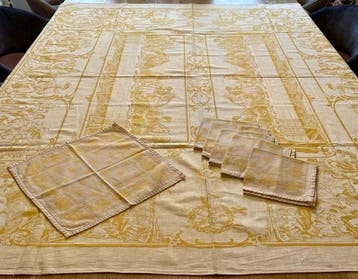 Jacquard weverij - Damasten tafellaken met 6 servetten -, Antiek en Kunst