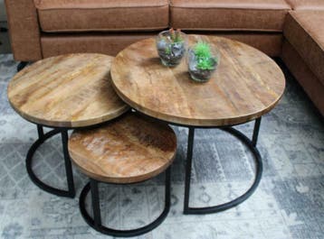 Ronde Mango houten salontafelset van 3., Overige houtsoorten, 50 tot 100 cm, Verzenden, Rond