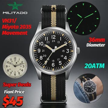 Militado ML07 Vintage Herenhorloge - 36mm Quartz met Bubble, Verzenden