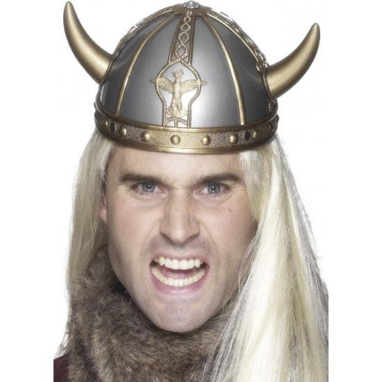 Zilveren Viking verkleed helm met gouden hoorns - Helmen, Hobby en Vrije tijd, Feestartikelen, Ophalen of Verzenden