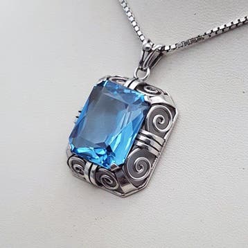 Zilver, Grote Art Deco, Blauwe Spinel(Getest) - Ketting met