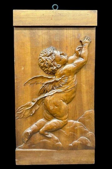 sculptuur, Pannello angelo in volo - 60 cm - Hout - 1920, Antiek en Kunst