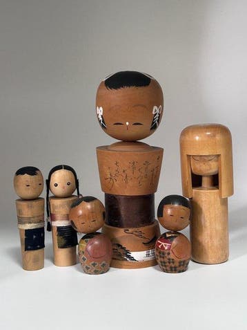 Vintage Japanse Kokeshi-poppenverzameling – 6 houten poppen