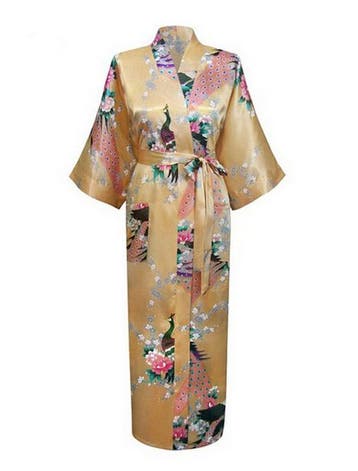KIMU® Kimono Goud Maxi M-L Yukata Satijn Lang Lange Gouden O, Kleding | Dames, Ophalen of Verzenden, Nieuw, Maat 38/40 (M), Carnaval