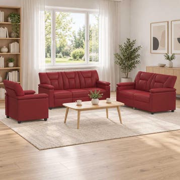 vidaXL Bankstel 3 pcs Wijnrood Kunstleer, Verzenden, Nieuw, Leer, 150 tot 200 cm