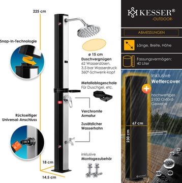 Buitendouche - Tuindouche - Zonneenergie - 40L - Zwart - KES, Verzenden, Zo goed als nieuw