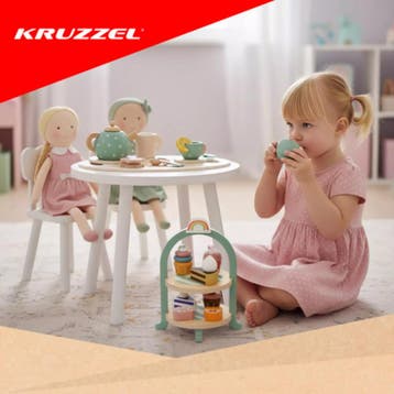Kruzzel houten theeservies met taartenstandaard – 15-deli., Kinderen en Baby's, Speelgoed | Overig, Ophalen of Verzenden, Nieuw