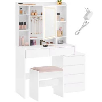 Make-uptafel met LED spiegel, lades, opbergvakken en kruk, Verzenden, Nieuw