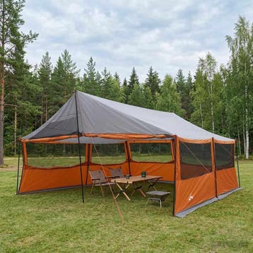 vidaXL Gezinstent met dak Grijs en Oranje 600 x 400 x 268 cm, Caravans en Kamperen, Tenten, Verzenden, Nieuw, Tot en met 2