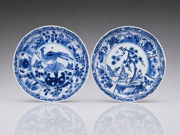 Twee zeldzame en vroege Ming-transitie Chinese blauw-witte, Antiek en Kunst