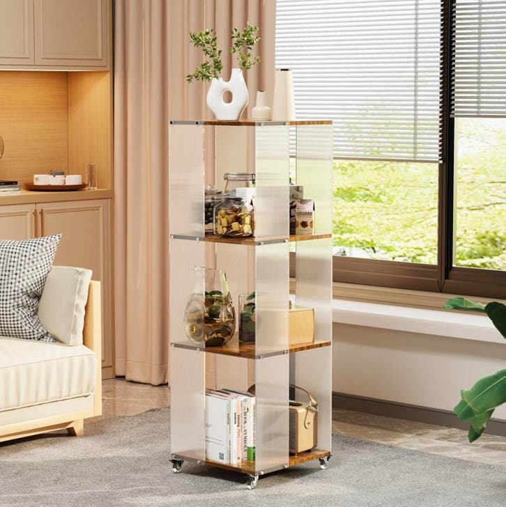 Stellingkast op Wielen – Opbergrek Acrylpaneel + Walnoothout, Huis en Inrichting, Kasten | Stellingkasten, Nieuw, Verzenden