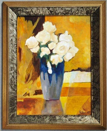 École française (XX) - Roses blanches dans un vase bleu, Antiek en Kunst, Kunst | Schilderijen | Klassiek