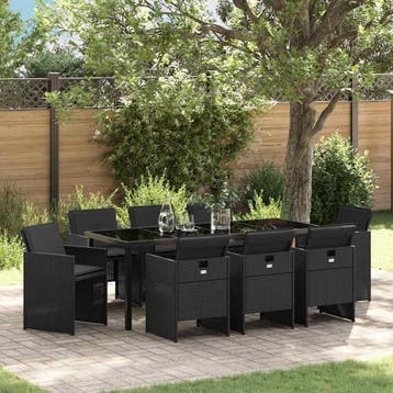 vidaXL Tuin eettafelset 9 st Zwart poly rattan, Verzenden, Nieuw, Rotan, Meer dan 8 zitplaatsen