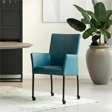 Leren eetkamerstoel Comfort met wieltjes en armleuning -, Blauw, Nieuw, Leer, Ophalen of Verzenden