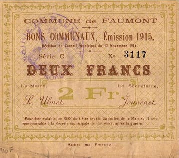 France Komitat 59 – Faumont – Bon Communaux – 2 Francs, Verzenden