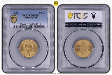Gouden Wilhelmina 10 gulden 1932 MS65 PCGS gecertificeerd, Postzegels en Munten, Munten | Nederland, Verzenden, Goud, Koningin Wilhelmina