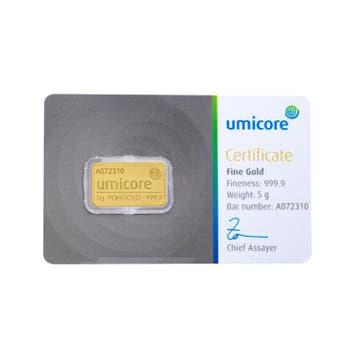 Umicore 5 gram goudbaar met certificaat, Postzegels en Munten, Verzenden