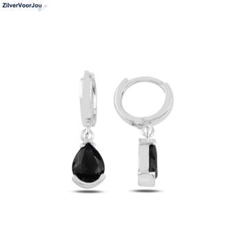 Zilveren zwarte druppel huggie hoops, Verzenden, Nieuw, Zilver
