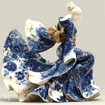 NYX (XX) - Élégance en Porcelaine – Danseuse en Kimono Bleu