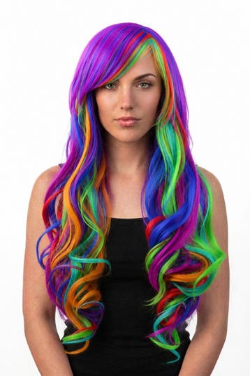 KIMU® Regenboog Pruik Lange Gekleurde Pruik Schuine Pony Uni, Ophalen of Verzenden, Nieuw, Carnaval