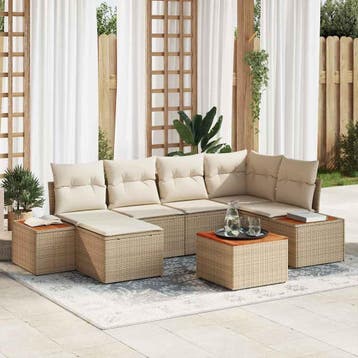 vidaXL Tuinbankenset met kussen 7 pcs Beige en Crème, Verzenden, Nieuw, Rotan, 7 zitplaatsen