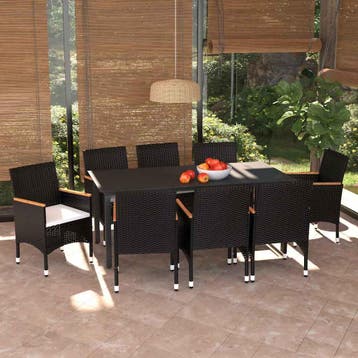 vidaXL 9-delige Tuinset met kussens poly rattan zwart, Verzenden, Nieuw, 8 zitplaatsen, Tuinset