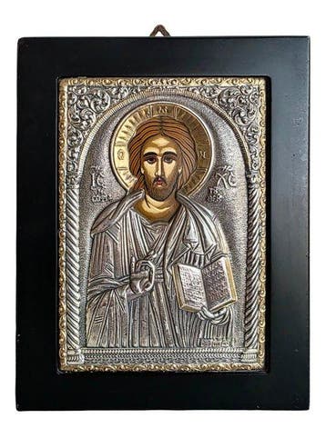 Icoon - Christus Pantokrator - Zilver, Hout, Antiek en Kunst