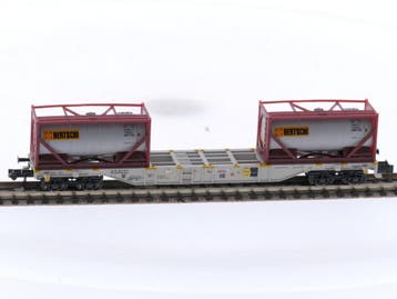 Schaal N Minitrix 18490 Platte wagen met tankcontainers v..., Hobby en Vrije tijd, Ophalen of Verzenden, Zo goed als nieuw, Gelijkstroom