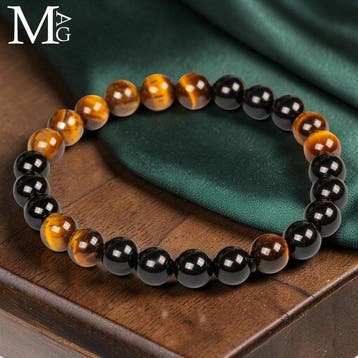 Elastische armband met natuurlijke zwarte onyx en tijgeroog