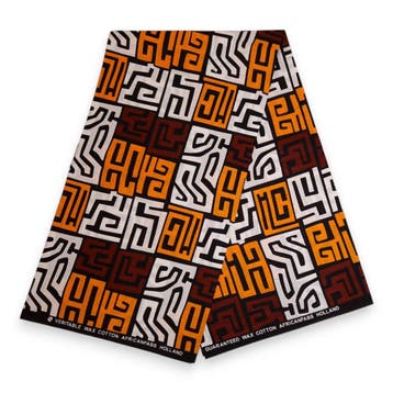 Afrikaanse print stof - Bruin en geel-oranje Kuba Blocks Con, Ophalen of Verzenden, Nieuw