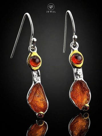 Spessartien - 925 Zilver - - Oorbellen - Ruwe elegantie, Verzamelen, Mineralen en Fossielen