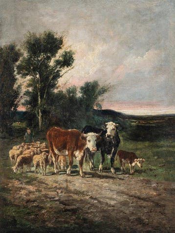 European school (XIX) - Landscape with Cattle and Herd at, Antiek en Kunst