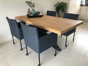Set van 4 blauwe leren kuip eetkamerstoelen - met wieltjes, Ophalen of Verzenden, Nieuw, Leer