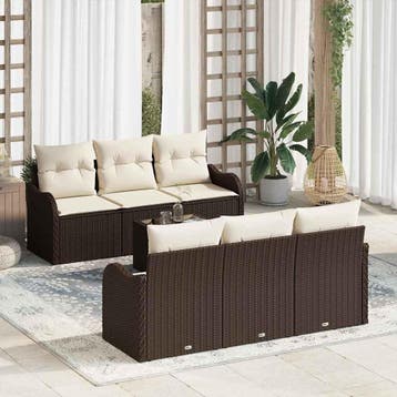 vidaXL Tuin Sofa Set 7 pcs Bruin en Crème Poly Riet en Staal, Verzenden, Nieuw, Rotan, 7 zitplaatsen