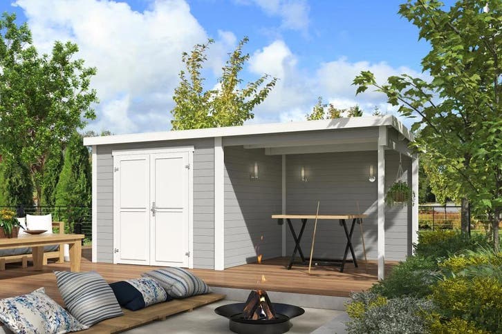 Outdoor Life Blokhut Lars met Overkapping Platinum Grey-Wit, Tuin en Terras, Tuinhuizen