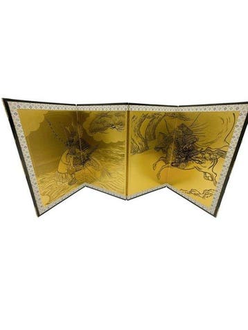 titel: Japanse gouden vouwscherm – op paarden staande, Antiek en Kunst