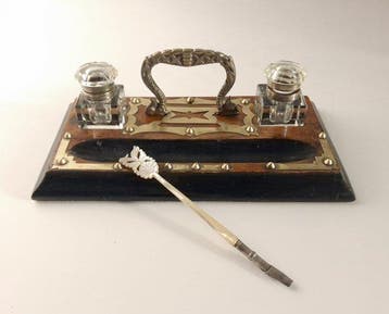 Inktpot - w/ mother-of-pearl dip pen holder - Victorian -