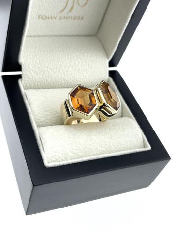 Gouden Design Ring Hexagonaal ca 9.56 ct Goud Fancy Citrien, Ophalen, Nieuw, 17 tot 18, Met edelsteen