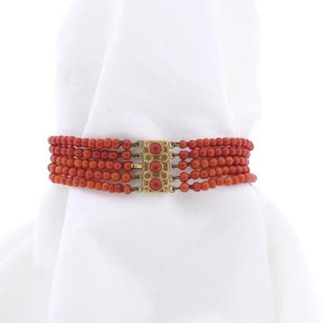 Antieke bloedkoraal kralen armband met gouden slot., Gebruikt, Ophalen of Verzenden, Met edelsteen, Goud