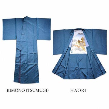 Kimono- en haori-set – Blauwe geweven textiel, Fuji-berg en
